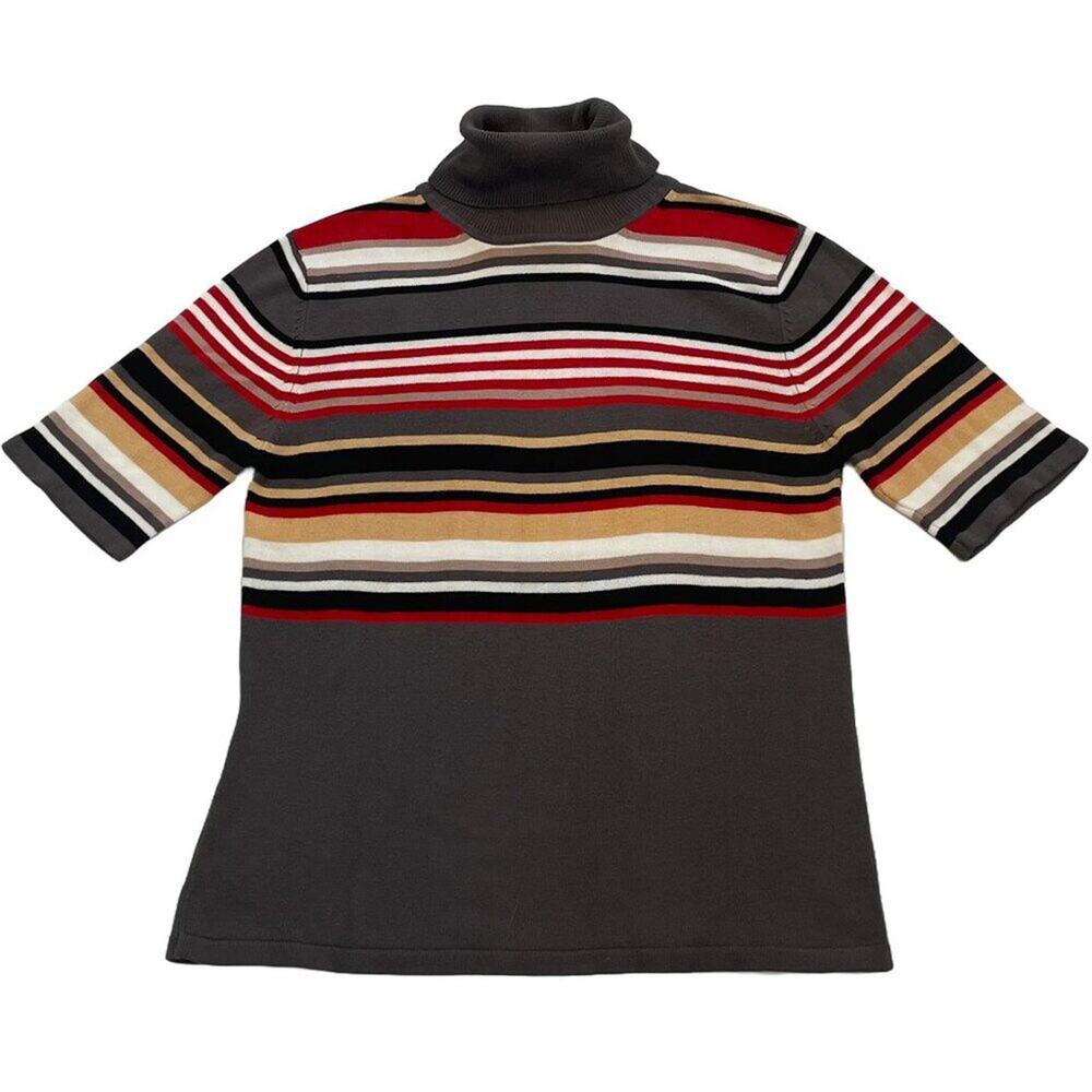 Sydney Easton Short Sleeve Y2K Gray Stripe Turtleneck Sweater, Academia, M